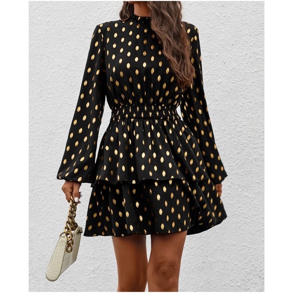 Polka Dot Mock Neck Ruffle Party Holiday Dress - Picture 4 of 4